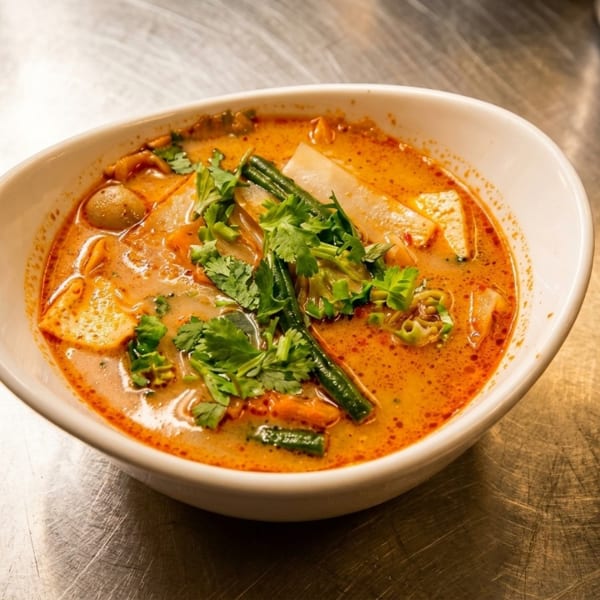 Spicy red curry soup with vegetables, tofu, and fresh cilantro in a white bowl.