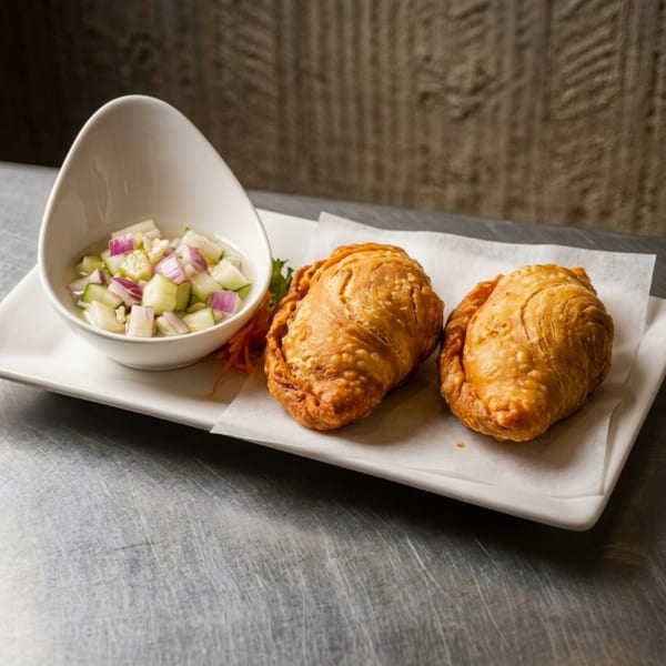 Two golden-brown curry puffs on parchment paper with a side of cucumber and red onion relish.