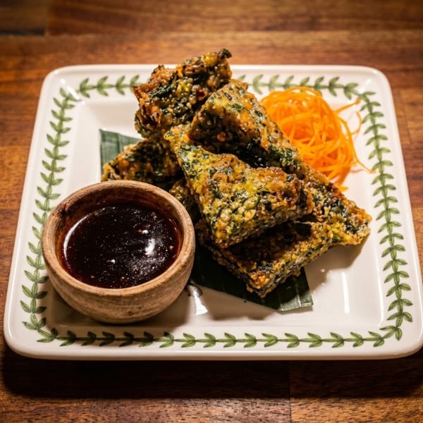 Fried chive cakes with dipping sauce and shredded carrots on a white plate with green trim.