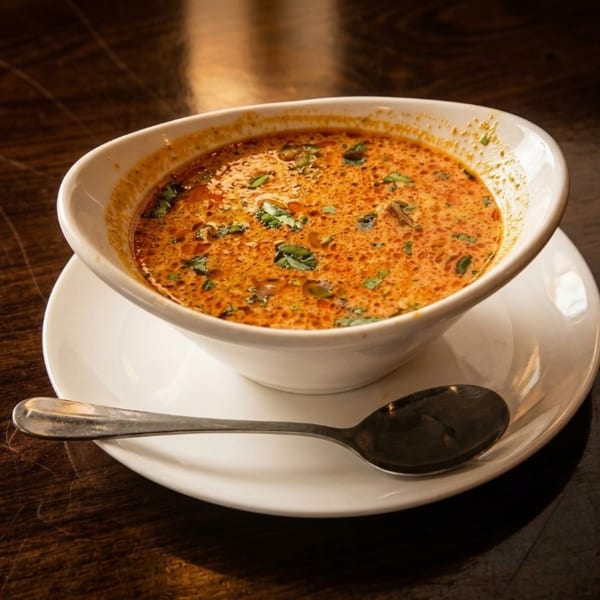 A white bowl of creamy orange soup with green herbs sits on a white plate with a spoon.